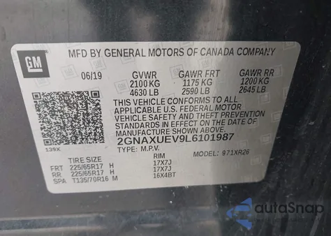 2020 Chevrolet Equinox Awd Lt 1.5L Turbo из США, поврежденный, VIN 2GNAXUEV9L6101987